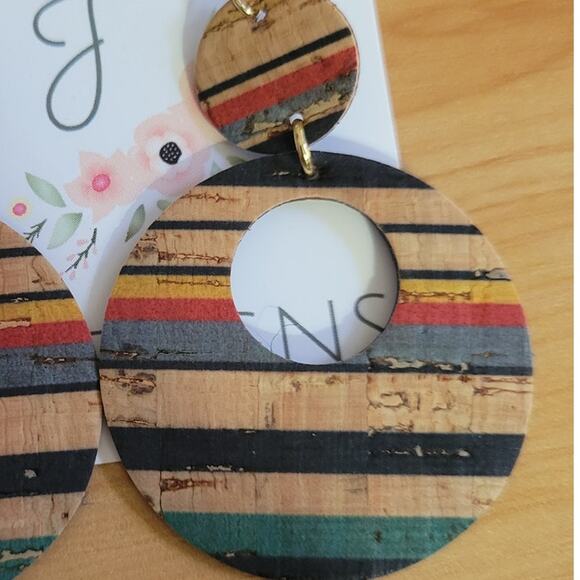 Striped Cork Circle Dangle Earrings - Picture 2 of 3